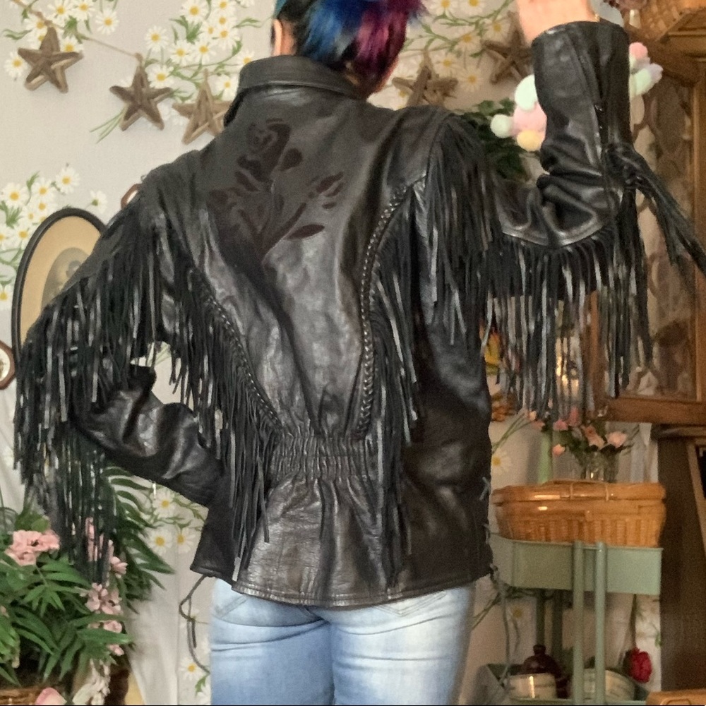 Vintage 80s black leather fringe biker jacket rose patchwork braided accents - Picture 5 of 11